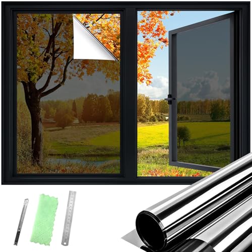 DUOFIRE One Way Window Film Privacy See Out Not in Heat Blocker Window Tint Reflective Mirror Windows Tinting Film for Home Static Cling Anti-UV Sun Blocking Windows Covering（Black, 17.4x157.4in） - color: Black-silver, size: 17.4 x 157.4 in