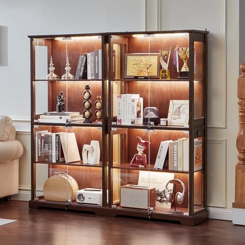LELELINKY Farmhouse Glass Display Cabinet Set of 2 with Doors, Wooden Curio Cabinet for Collectibles with 3-Color LED Motion-Sensor Light & Reinforced Base, Walnut - color: Walnut, size: Set of 2
