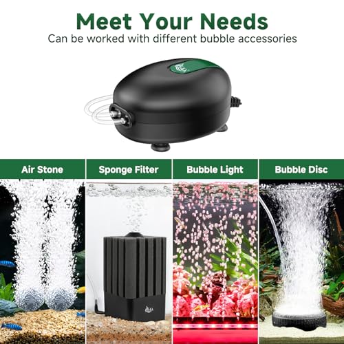 AQQA Aquarium Air Pump Whisper Oxygen Aerator Powerful Fish Tank Air Pump Dual Outlets Adjustable Airflow Bubblers with Air Stone Tubes Check Valves (8W for Up to 160Gal Tank)