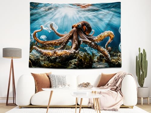 5x4ft Nautical Octopus Backdrop Underwater Jellyfish Sunlight Ocean Reef Background Marine Themed Party Birthday Aquarium Event Halloween Decor Photo Studio Booth Props Banner Wallpapers - size: 5x4FT