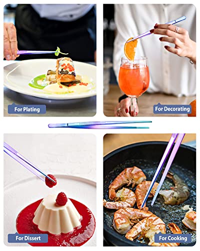 4 Pcs Fine Long Tweezer Tongs Professional Rainbow, 12'' and 10'' Stainless Steel for Kitchen, Food, Cooking, Repairing, Sea food and BBQ - color: Rainbow