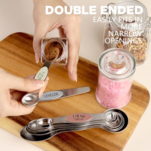 ChefAide Pack of 8 Stainless Steel Magnetic Measuring Spoons Set, Dual Sided, Stackable, Adjustable Teaspoon and Tablespoon Measure Spoon with Leveler, Kitchen Gadgets - color: Multicolor-7, size: Magnetic Measuring Spoons