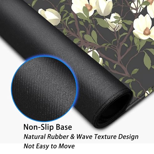 Magnolia Flowers Desk Pad Mouse Pad,Large Floral Mouse Mat with Stitched Edges,Non-Slip Rubber Base Black Mousepad for Office PC Keyboard Laptop and Home Work Desk Mat(27.5X11.8 in) - color: White flowers