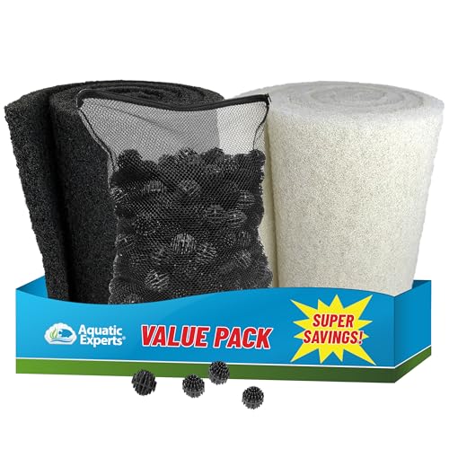 Aquatic Experts Koi Pond Filter Pad Bundle with Bio Balls – White Fine 12" x 72" + Black Coarse 12" x 72" Pads & 300 Count Bio Balls, Reusable Pond Filter Media - size: Pond Bundle – Pads + Bio Balls