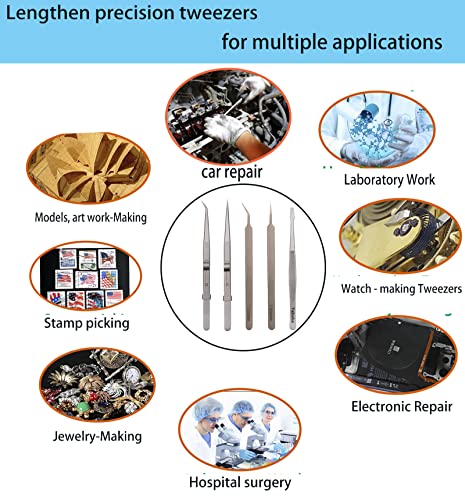 Tweezers, 5 Pcs Precision Tweezers Set, Anti-Static Stainless Steel Long Tweezers Kit for Electronics, Laboratory Work, Jewelry-Making, Craft, Soldering, Hobby, Watches, Car Machines Repair Etc