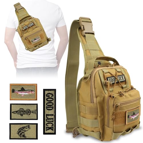 Dovesun Small Fishing Backpack, Waterproof Fly Fishing Sling Pack Tackle Bag with Tackle Boxes - color: D-Size:17.7*8.5*5.7in-Khaki(NO TACKLE BOX)