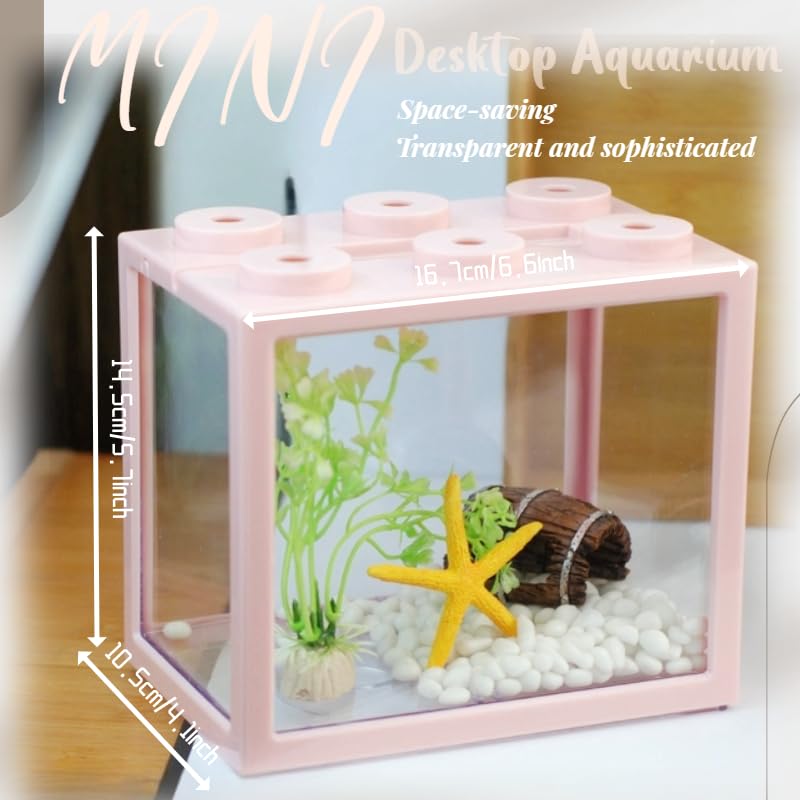 Small Betta Fish Tank, Stackable Mini Fish Tank Tiny Aquarium Tank Kit with Aquarium Gravel & Resin Decorations, 0.6 Gallon Cube Desktop Fishbowl for Snails, Crabs, Starfish (Pink) - color: Pink