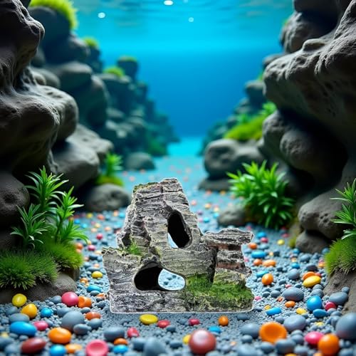Resin Aquarium Mountain Decor with Moss Rock Cave - Multi-Level Terrain for Fish Tank Landscaping, Natural-Looking Rockery Design with Hidden Cave and Crevices for Shrimp