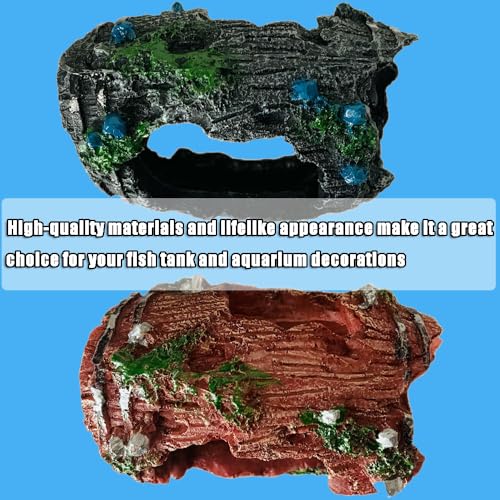 2 PCS Aquarium Resin Fish Tank Decorations Broken Barrel Shipwreck Theme Landscaping Hideouts Accessories Caves Hide Hut Fish/Small Turtles Tank Ornaments with 2pcs Artificial Aquatic Plants (Red)