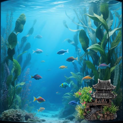 Aquarium Decoration Chinese Ancient Tower, Resin Small Fish Tank Hideout Hut Accessories, Artificial Landscape Decor Hideaway House with Tree Moss, Hollow Hideout Castle Ornament (Building)