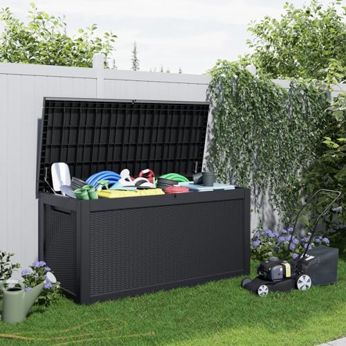 PatioZen 260 Gallon Resin Deck Box, Lockable Patio Outdoor Storage Box for Furniture, Garden Tools and Tools Storage, Waterproof Outside Storage Boxes - Black - color: Black, size: 260 Gallon