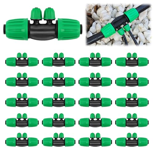 Kalolary 20PCS Locked Barbed Tee Connectors, 1/2" to 1/4" Drip Irrigation Fittings Kit 12/16mm to 4/7mm Tube Lock Female Connector 4-Way Barbed Lock Irrigation Parts for Watering System (Green) - color: Green 1/2" to 1/4" 4-Way
