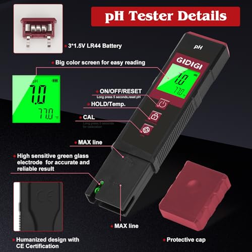 Digital pH Meter High Accuracy UL-Certified Water Tester with 6 Packs Calibration Powders Color LCD Backlit Display with pH Test Strip for Pools Hydroponics Aquariums Hot Tubs Drinking Water - color: Black