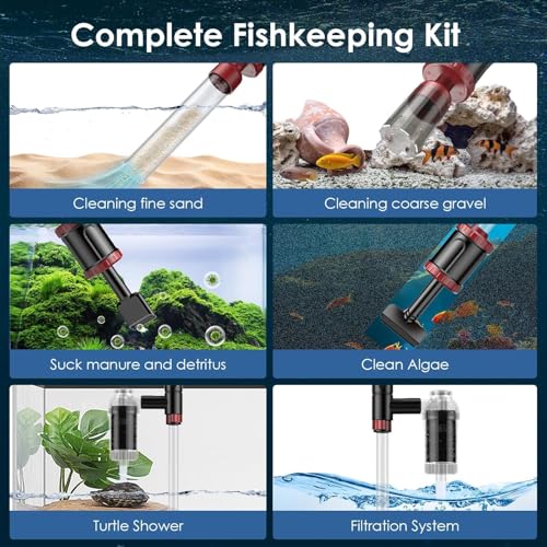 AKKEE Aquarium Vacuum Gravel Cleaner, 36W Electric Fish Tank Cleaner Vacuum, 8 in 1 Multifunctional Aquarium Cleaner for Automatic Water Change, Wash Sand, Water Circulation and Timed Off，red