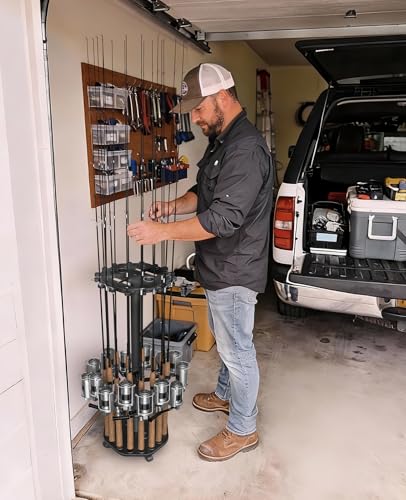 KEXMO Mobile Fishing Rod Holder Pole Rack for Garage, 360 Degree Lockable Wheels, Rigging Station, Heavy-Duty Steel Space-Saving Floor Stand, Holds 16 Combos, Fishing Gear Storage, Black - color: Black