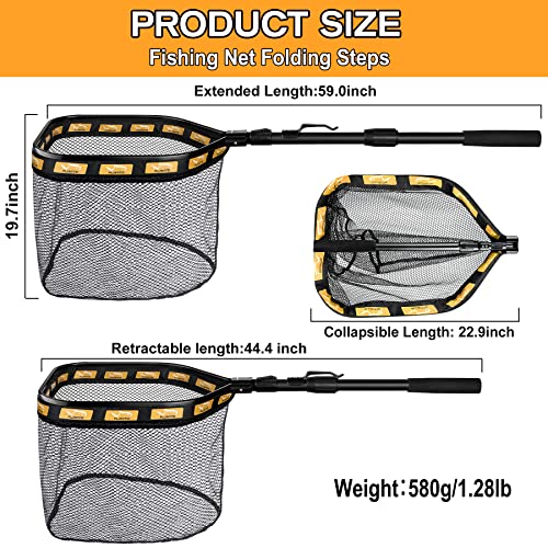 PLUSINNO Floating Fishing Net for Steelhead, Salmon, Fly, Kayak, Catfish, Bass, Trout Fishing, Rubber Coated Foldable Landing Net with Fixed or Telescoping Pole Handle, Fishing Gear and Gifts for Men - color: 19.7"/50cm Hoop Size length 1.5M Orange (Teles