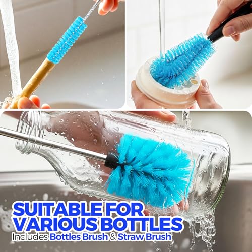 Holikme 4 Pack Bottle Brush Set, 14.5" Long Handle Stainless Steel Bottle Cleaner Brush, Long-Handled 4-in-1 Stainless Steel Bottle Brushes for Water Bottle, Cups, Abrasive Wheel Brushes, Blue - color: Blue