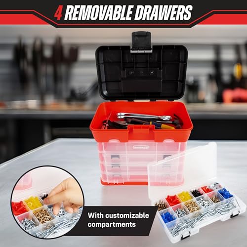 Small Parts Organizer Box - 11-Inch Portable Storage Case with 4 Removable Multi-Compartment Trays for Screws, Beads, Small Fishing Tackle, Hardware, and Craft Supplies by Stalwart (Red) - color: Red