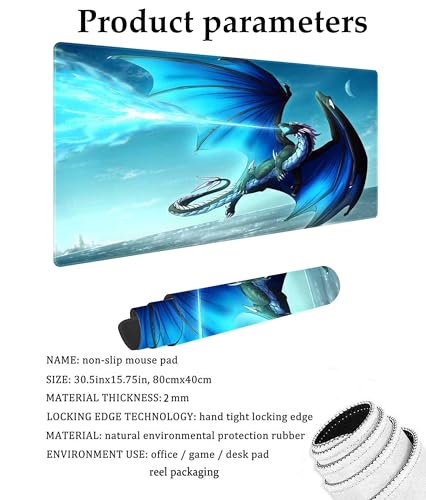 Blue Dragon Customized Large Extended Gaming Mouse Pad with Stitched Edges and Non-Slip Rubber Base,Suitable for Office and Home Use,31.5x15.7 Inches - color: Blue Dragon