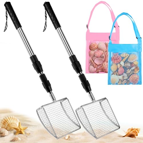RGQSUN 2 Shark Tooth Sifters with 2 Seashell Bags, Beach Sand Sifter Set with Extendable Handles for Shell Collecting, Sea Glass, Shark Teeth and Small Beach Finds - color: Blue+Pink (2 set)