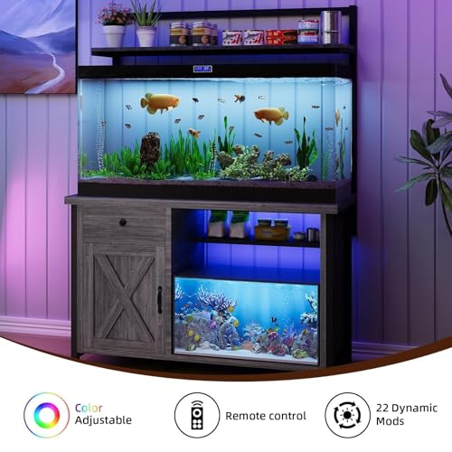55-75 Gallon Fish Tank Stand with Power Outlet, Led Light, Aquarium Stand with Cabinet for Fish Tank Accessories Storage, Shelf, for Turtle Tank, Reptile Terrarium, 1100 LBS, Gray - color: Gray