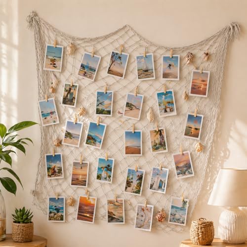 Decorative Fishing Net 80x40 Inch, Large Decorative Fish Netting Table Runner, Wall Photo Hanging Fishnet for Nautical Mermaid Pirate Ocean Themed Hawaii Beach Under the Sea Party Decorations, Beige - color: Beige