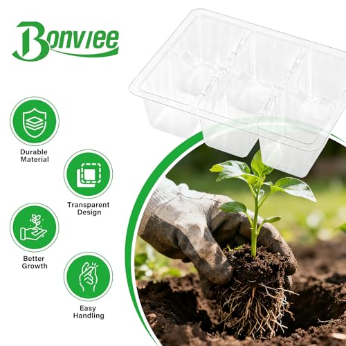Bonviee 10 Packs Seed Starter Tray with Drainage Holes, Reusable & Durable, Clear for Root Monitoring, Easy to Repotted Without Root Damage, 6 Cells per Tray - color: Clear, size: 60 XL Cells, NO light