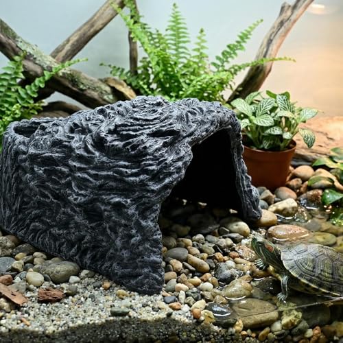 Extra Large Reptile Hideouts Cave, Resin Tortoise Hide Cave, Rock Basking Habitat Decor for Bearded Dragon, Leopard Gecko, Snake, Turtle, Lizard, Frog, Terrarium Aquarium Hideout(Large Size) - size: 9.3*8.1*5inch
