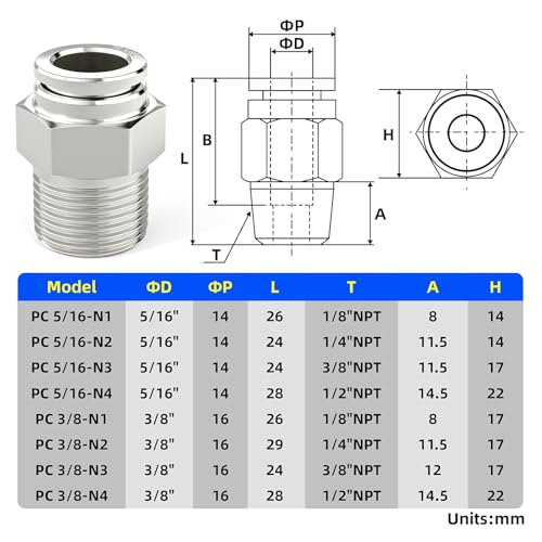 TAILONZ PNEUMATIC 304 Stainless Steel Male Straight 5/16 Inch Tube OD x 3/8 Inch NPT Thread Push to Connect Fittings PC-5/16-N3 (Pack of 2) - size: 5/16''OD 3/8''NPT