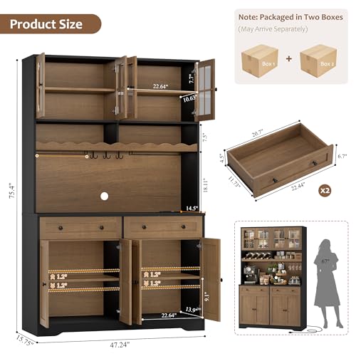 HOSTACK 75.4" Tall Kitchen Pantry Cabinet with Charging Station, Modern White Kitchen Hutch with Microwave Stand and Wine Rack, Large Food Pantry Storage Cabinet with Glass Doors and Drawers, Brown - color: Black/Brown