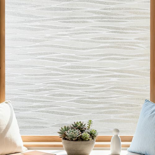 Finnez Frosted Privacy Window Film Static Cling, Non-Adhesive Decorative Cover for Glass Door & Windows, No Glue Removable Clings UV Blocking Waves Design for Home Office 17.5 x 78.7 Inches - color: Line Pattern, size: 17.5 x 78.7 inches