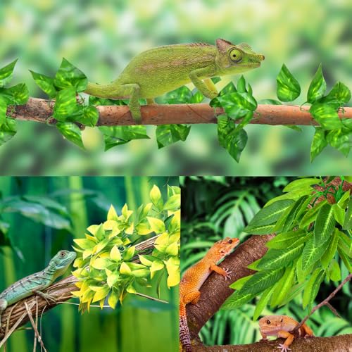 KATUMO Reptile Plants, 3 PCS Amphibian Hanging Plants with Suction Cup for Lizards, Geckos, Bearded Dragons, Snake, Hermit Crab Tank Pets Habitat Decorations - color: Green+yellow