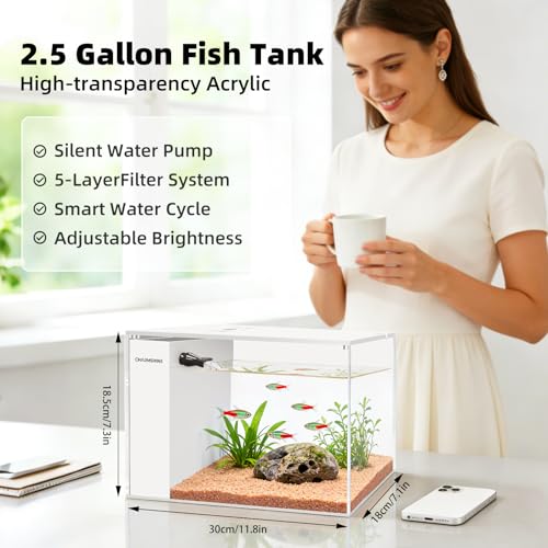 Fish Tank Betta 2.5 Gallon Desktop Small Beta Fish Aquarium Starter Kit with 25W Heater LED Light and Mini Water Pump & Filter Media Compact Aquarium for Betta Fish, Shrimp(White)