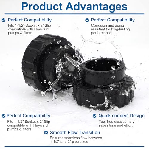 2 Pcs SP1500UNPAK2C Union Connection Kit, 1-1/2-inch Socket by 2-inch Slip Flush Union Connectors Pak Replacement, Compatible with Hayward Pumps/filters and Chlorine Feeders