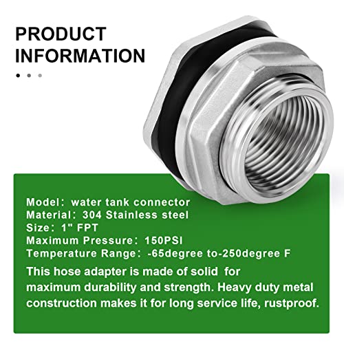 TAISHER 2PCS 304 Stainless Steel 1/2'' FPT Bulkhead Tank Connector Adapter Fitting with Gasket for Water Tank, Bathtub and Sink - size: 1/2"(304 Stainless Steel) with Gasket