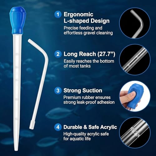 Blue 50ml Aquarium Coral Fish Feeder, 27.7IN Extra Long Turkey Baster, Aquarium Siphon Water Changer, Aquarium Cleaning Tools, Blue