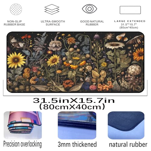 Retro Mouse Pad XXL， Flower Sunflower Plant Desk Mat, Long Computer Mat, Gaming Mouse Keyboard Mats, Full Desktop Protector, Nature-Inspired Decoration Home Office Desk Accessory 31.5" x 15.7" - color: Yellow Sunflower Flowers