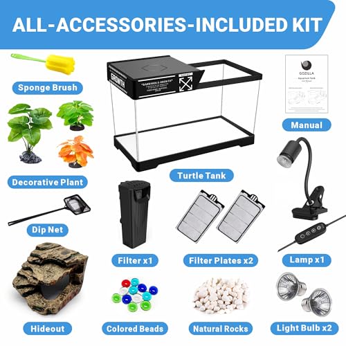 GOZILLA Turtle Tank Kit(Tank+Lamp+Filter), Upgrade PC Turtle Tank Starter Kit with Adjustable Lamp & Filter, Reptile Hideout Habitat with Lid for Small Reptiles.(15.75 × 7.9 × 9''/Black Kit) - color: Medium-Hideout-KIT