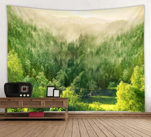 WODEJIA Misty Mountain Forest Tapestry, Sunrise Green Landscape Wall Hanging, Large Nature Wall Art Tapestry for Bedroom Living Room Dorm Decor（79“x59 Inches） - color: Mist Forest, size: 79"L x 59"W