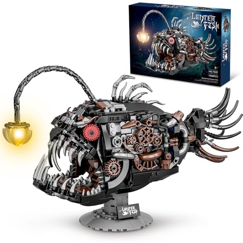 Mechanical Angler Fish Building Set with Light, Creative Ocean Lantern Fish Animal Toy for Home Office Decor, Compatible with Lego Shark, STEM Gift for Adults Teens Boys 8-14+ (1038 PCS) - color: Black