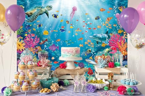 Underwater Backdrop Aquarium Ocean Corals Tropical Fish Photography Background Ocean Theme Party Decorations for Kid Boy's Birthday Cake Table Photo Booth Props (7x5FT) - size: 7x5FT