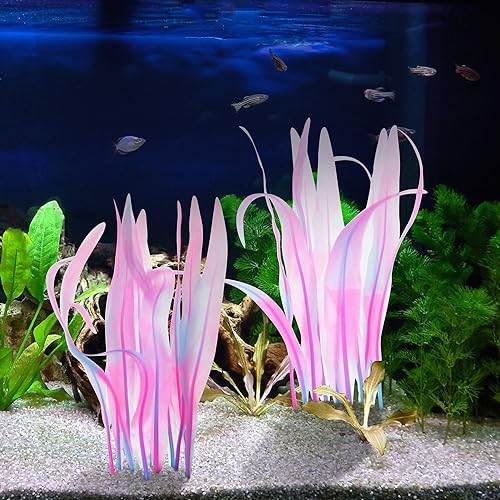 Kaiyuan Dynasty 2pc Aquarium Decor Plastic Plants Fish Tank Artificial Plants Glowing Aquarium Kelp Move with Water Flows Soft Silicone Aquatic Seaweed,7inch,Pink - color: Pink