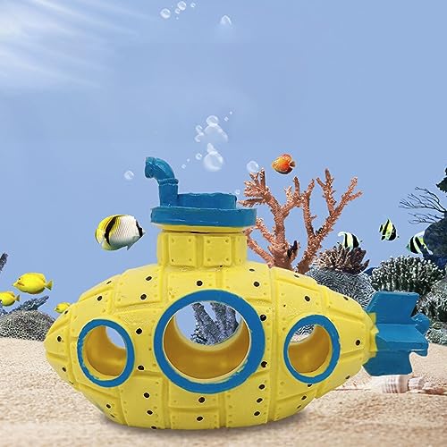 Saim Little Cute Retro Submarine Aquarium Decoration,Cave Landscaping Ornament for Shrimp Shelter Betta Cichlid Goldfish Hermit Crabs Fish Tanks Fish Toy - Yellow