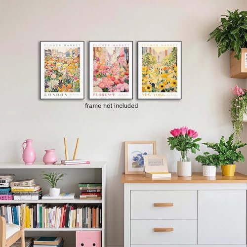 XLARTMY Flower Market Wall Art Print Canvas Yellow Pink Floral Paintings Colorful Botanical Sunflower Artwork Travel Poster for Decor Picture 3 pieces for Living Room Bedroom Bathroom 12x16in Unframed - color: Flower Market-2, size: 12x16in Poster