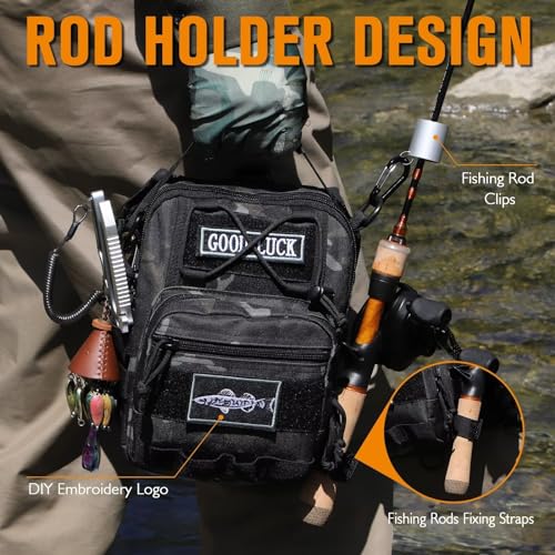 Dovesun Small Fishing Backpack, Waterproof Fly Fishing Sling Pack Tackle Bag with Tackle Boxes - color: A-Black(Size:17.7*8.5*5.7in)