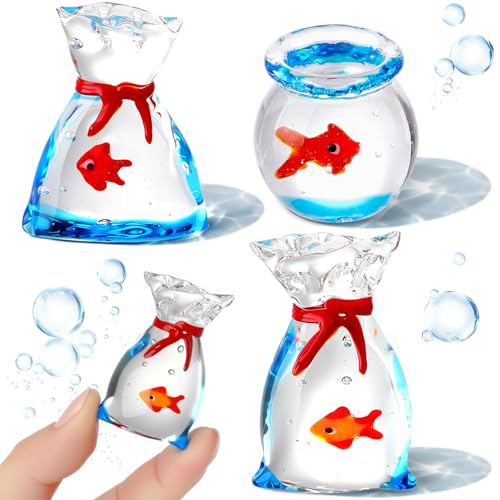 Novabright 3 Pcs Miniature Glass Fish Tank Figurine Tiny Goldfish in a Bag Mini Decorative Aquarium Ornament for Dollhouse Miniature DIY Seaworld Ocean Lover Gift (Goldfish) - color: Goldfish