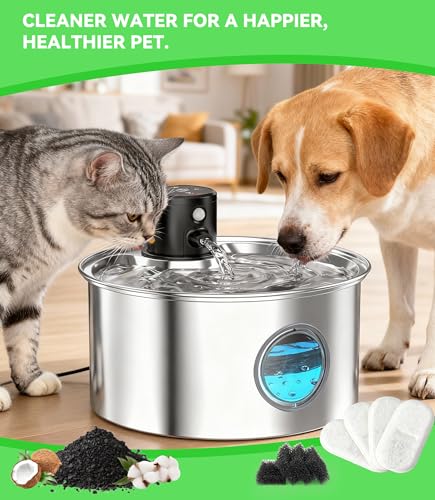 Cat Water Fountain Filter Replacement: 4 Carbon Filters & 4 Foam Sponges Kitty Spout Pump Filters for 108Oz/3.2L & 67Oz/2L Stainless Steel Pet Water Dispenser Cat Dog