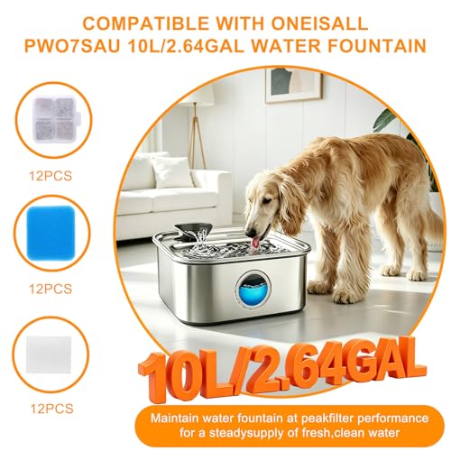 12 Pack Dog Water Fountain Filter Replacement Compatible with Oneisall PW07SAU, Multilayer Filtration,12 Filters and12 Sponges, 10L/2.64Gal