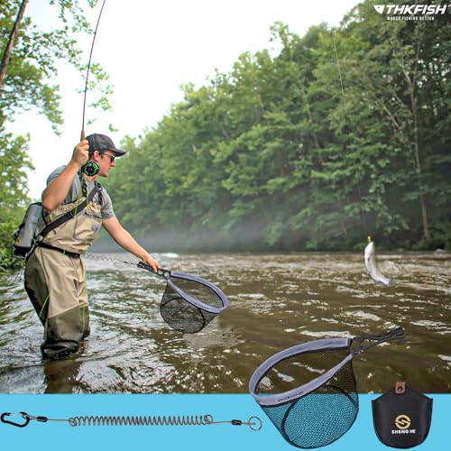 THKFISH Fly Fishing Landing Net, Foldable Landing Trout Net with ABS Handle,Rubber Coated Mesh Trout Net with Tackle Bag for Trout Bass Catch and Release, Portable Fly Fishing Gear,M/L