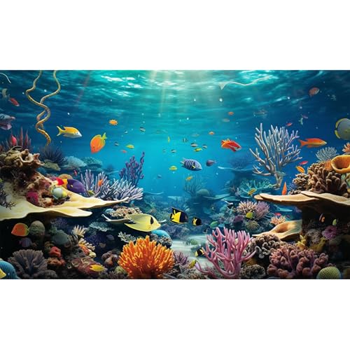 Underwater World Aquarium Background Tropical Fishes on Coral Reef Terrarium Background Oceanarium Deep Sea Colorful Marine Panorama Landscape Theme Fish Tank Backdrop Decorations Poster 30x18in - color: Orange Blue, size: 30(W)x18(H)in